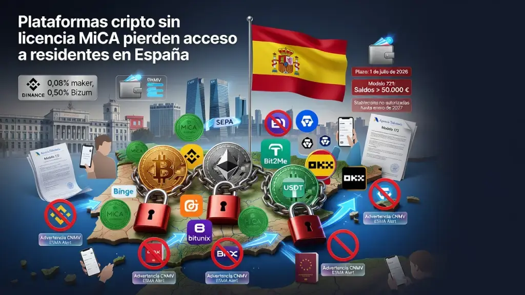 Plataformas cripto sin licencia MiCA pierden acceso a residentes en España